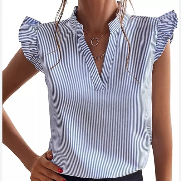 Lishly cute Striped Top Notched Ruffle Women's Blouses - Picture 1 of 6
